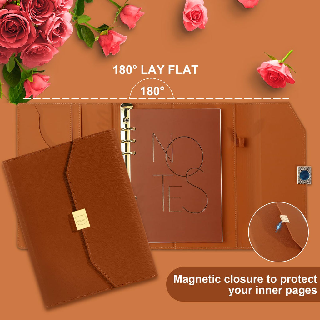 MIAOKE Luxury Notebook Journal for Work, Hardcover Leather Journal for Women Men, 6 Hole Loose-leaf Refillable Folio Notebook with Pen, Pocket and Magnetic Closure for Daily Writing