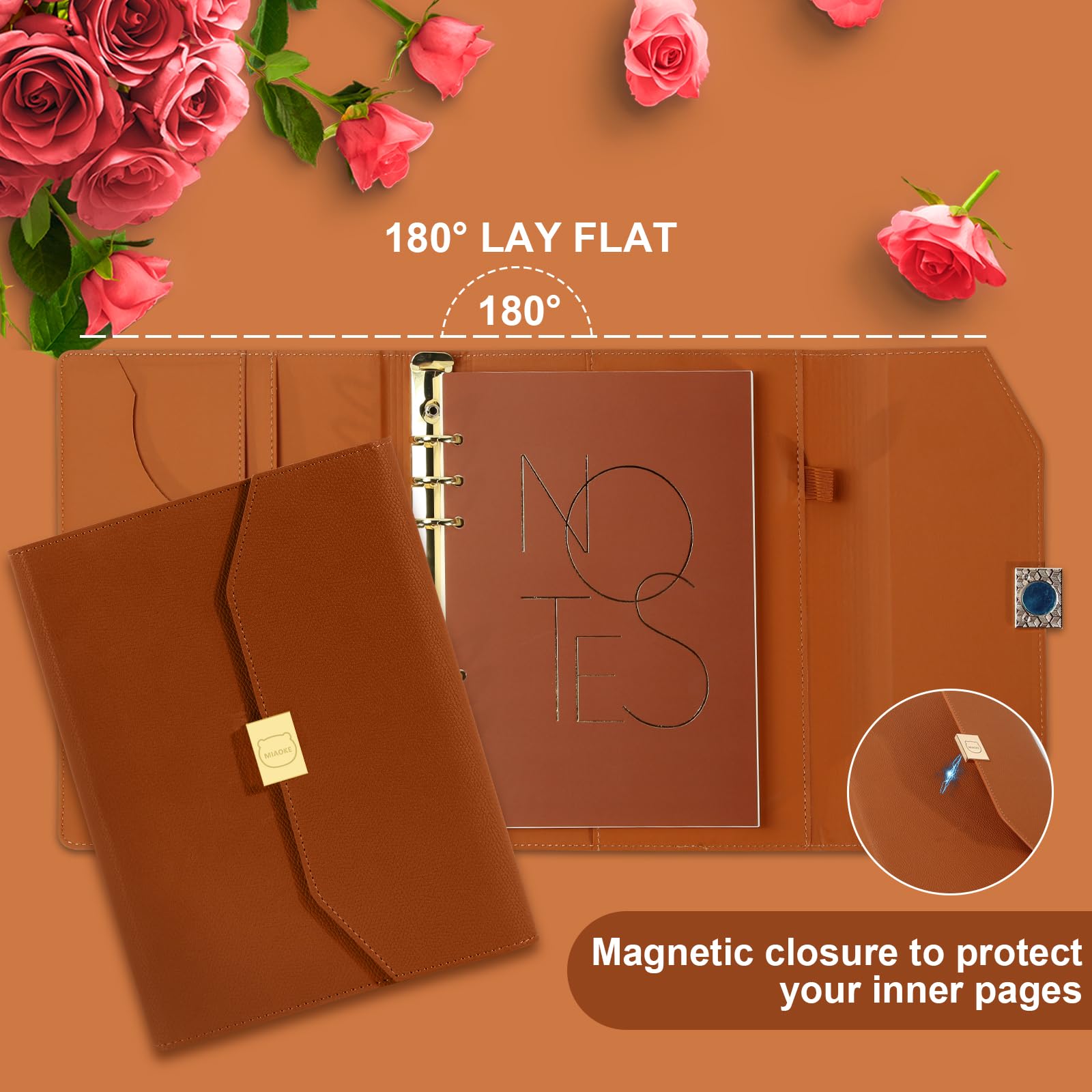 MIAOKE Luxury Notebook Journal for Work, Hardcover Leather Journal for Women Men, 6 Hole Loose-leaf Refillable Folio Notebook with Pen, Pocket and Magnetic Closure for Daily Writing