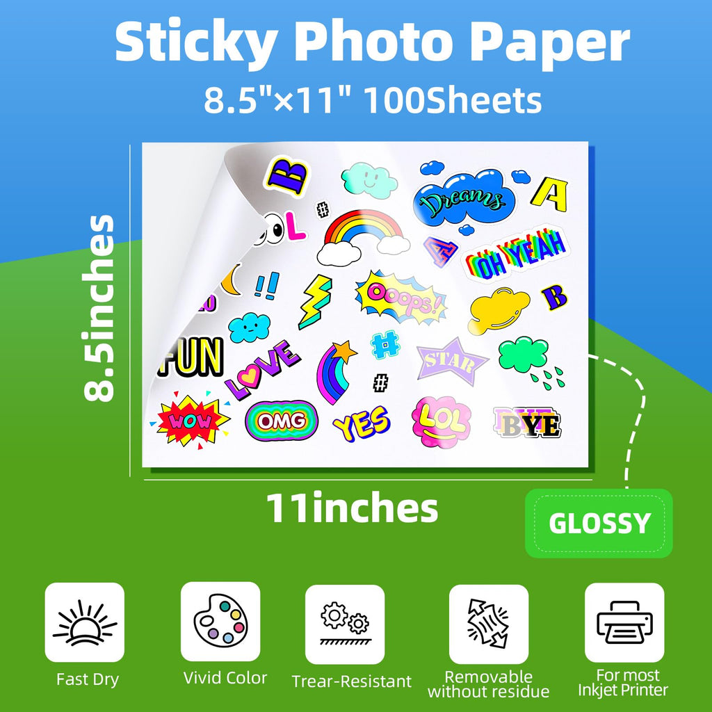 Uinkit 100 Sheets Printable Glossy Sticker Label Photo Paper Self Adhesive Sticky 8.5 x 11 6.5Mil for Dye Inkjet Printer A109 (100, 8.5x11Inches)