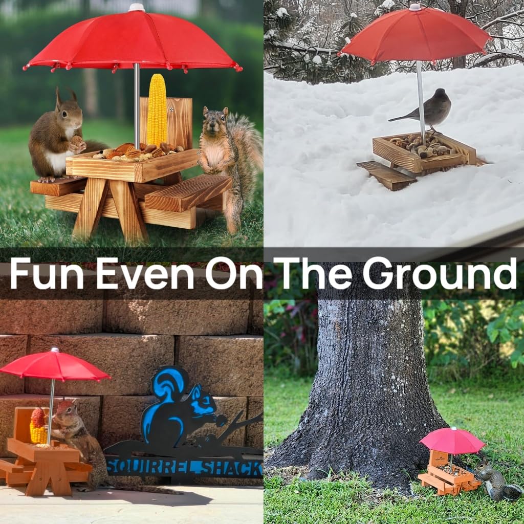 MTSBDM Squirrel Feeder Picnic Table with Umbrella and Corn Cob Holder, Outdoor Wildlife Chipmunk Feeder, Unique Garden Gift for Squirrel & Chipmunk Lovers