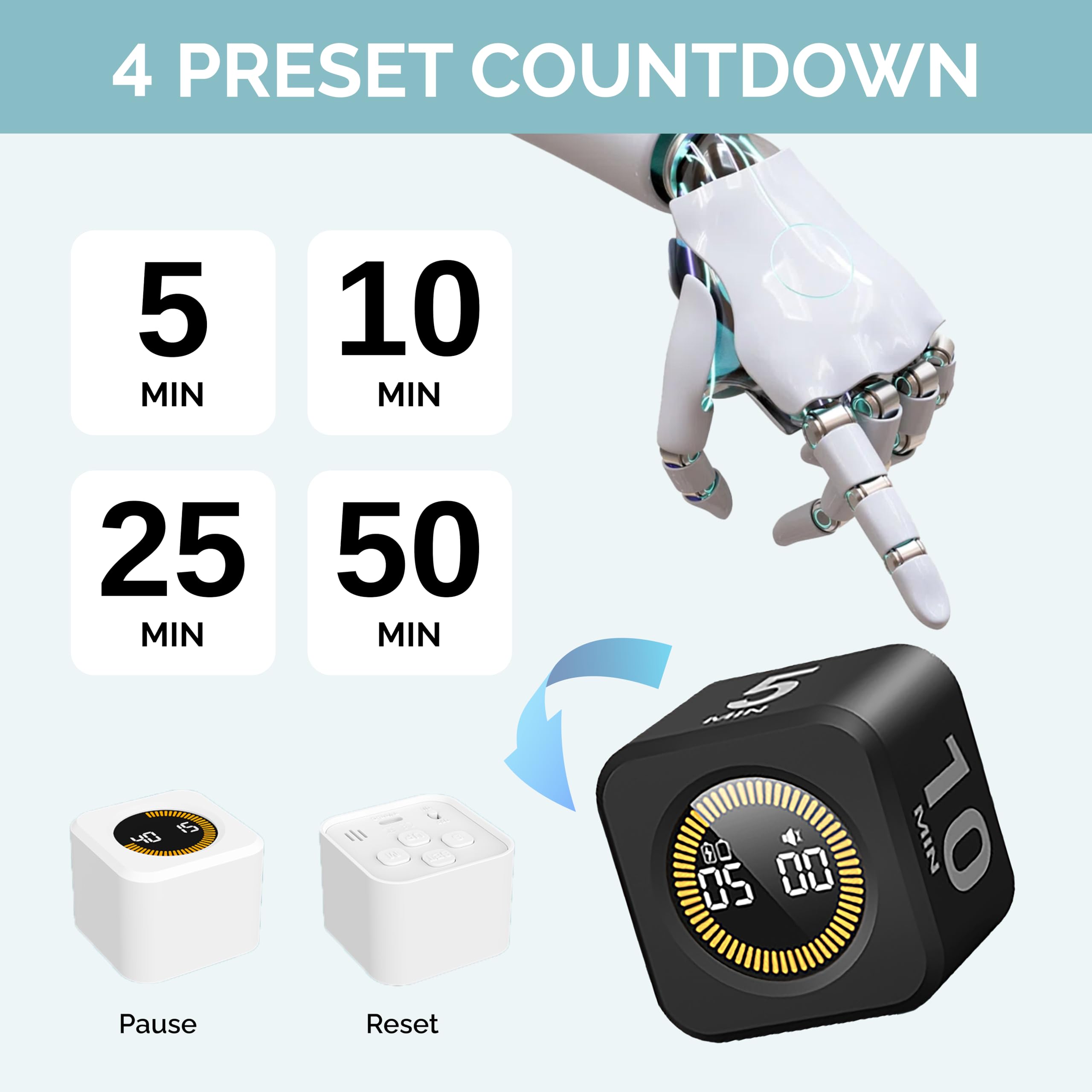 KADAMS Pomodoro Timer Visual - Productivity Pomodoro Cube, 5/10/25/50 Min Countdown & Countup, Silent – Ideal for Work Study Cook Workout Offices Kitchen School Classroom Gift for Kid