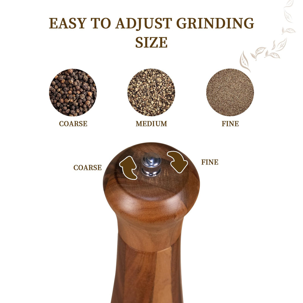 Acacia Wood Pepper Grinder Pepper Mill, 10 Inches Wooden Peppermill with Adjustable Coarseness, Ceramic Grinding Motor Salt Shaker Refillable for Home Kitchen