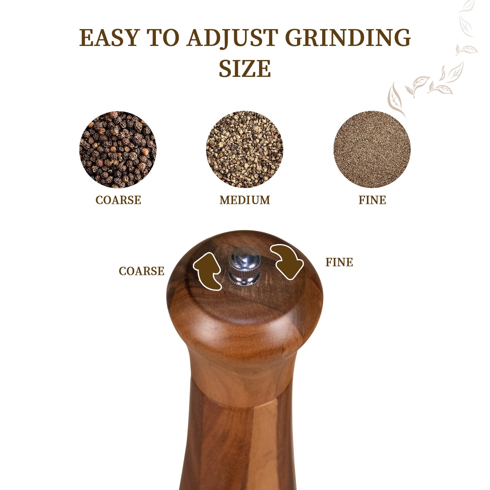 Acacia Wood Pepper Grinder Pepper Mill, 10 Inches Wooden Peppermill with Adjustable Coarseness, Ceramic Grinding Motor Salt Shaker Refillable for Home Kitchen
