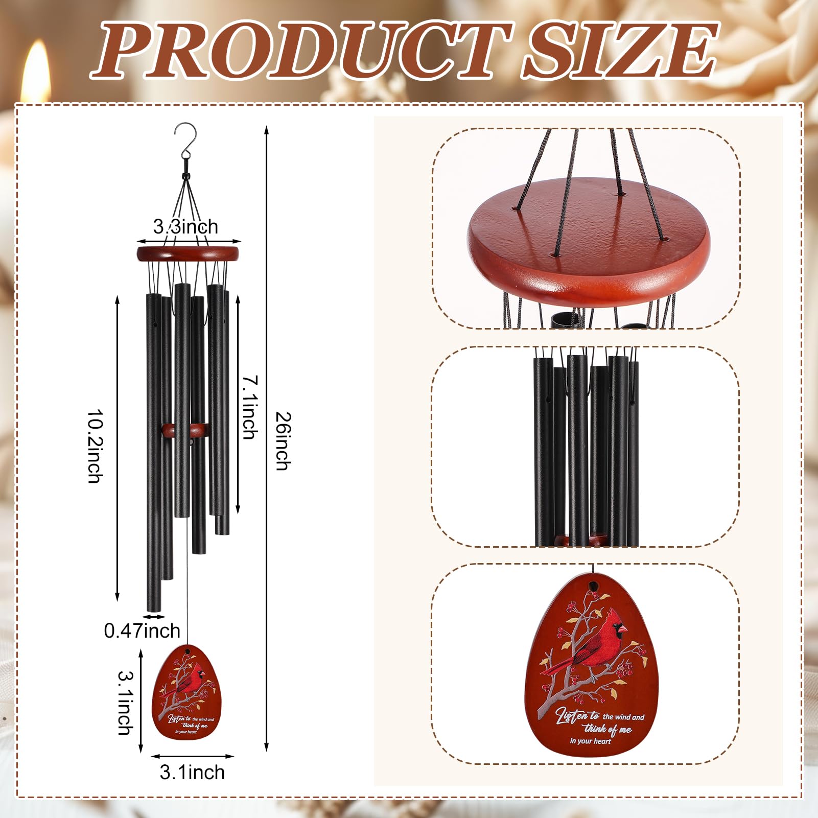 Jspupifip Memorial Sympathy Wind Chimes for Loss of Loved One 25'' Cardinal Wind Chimes Outdoor Bereavement Condolence Gifts with Cardinal Knitted Ornament
