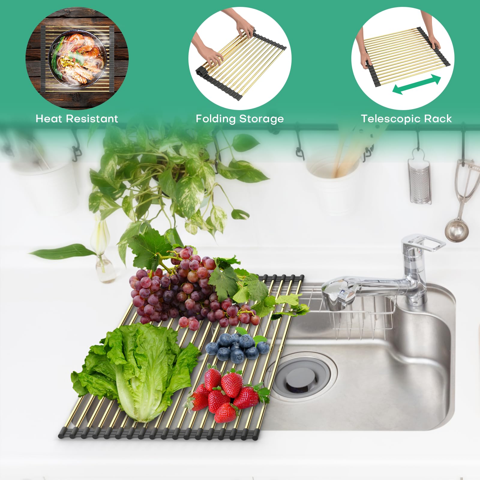 ARAINY Large Telescopic Draining Rack, Roll Up Heat-Resistant Dish Drainer for Stainless Steel Sinks, Non-Slip Silicone Rolling Dish Drainer Roll Rack Gold 18 tube12.59-21.25x12.79''