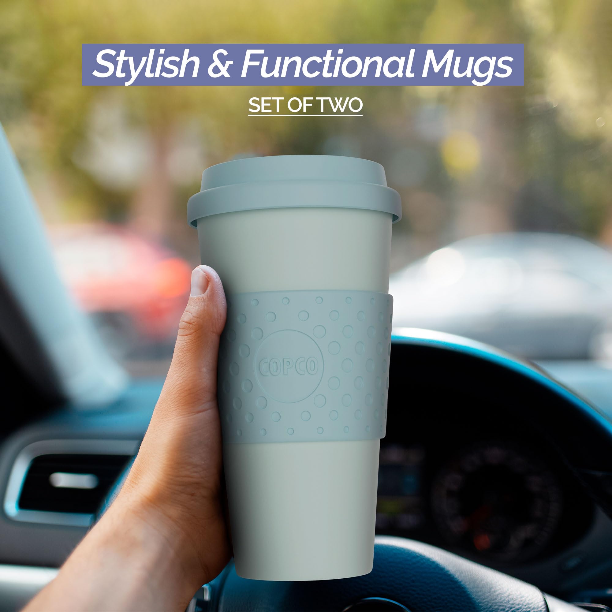 Copco Acadia 16oz Travel Mug with Lid, Set of 2 Double Wall Insulated Tumbler, Non-Slip Sleeve and BPA-Free - Microwave & Dishwasher Safe, Reusable Plastic To Go Travel Coffee Mug (Purple/Teal)