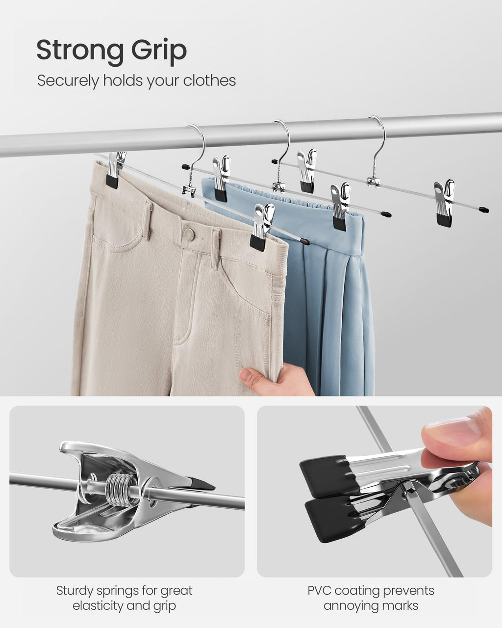 SONGMICS Metal Pants Hangers, Pack of 20, Non-Slip Skirt Hangers with Clips, 40 x 10.5 cm, Heavy-Duty, Chrome-Plated, Metallic Silver and Ink Black UCRI006-20