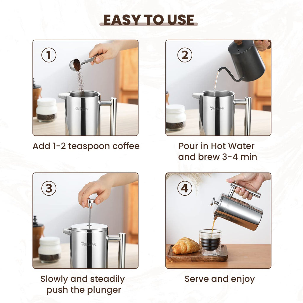 Velaze French Press Coffee Maker, Stainless Steel Double Wall Insulated French Press Coffee Press, Small Coffee Maker Included 4 Extra Fliters and 1 Coffee Spoon, 350ML, 12 oz