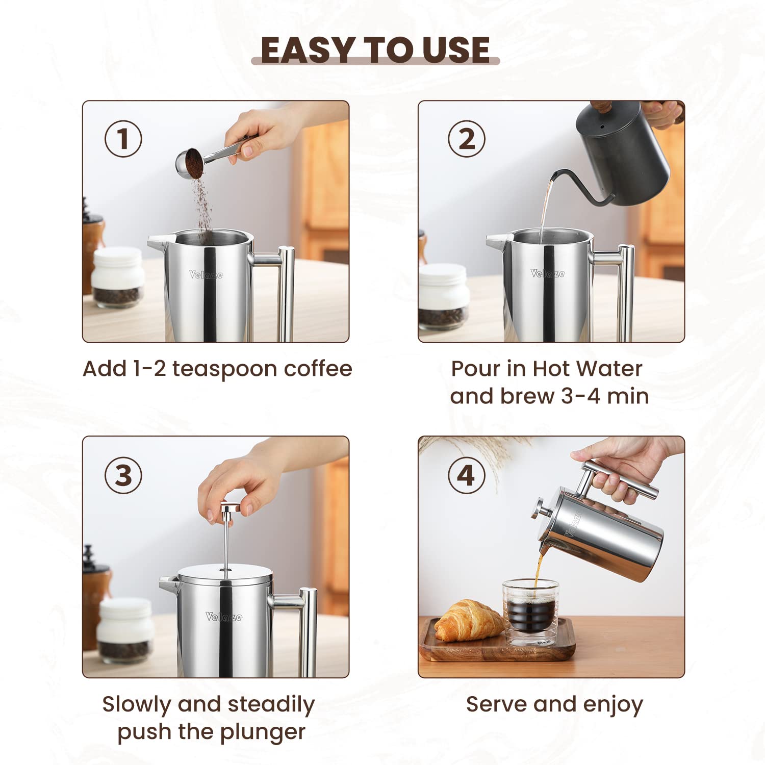 Velaze French Press Coffee Maker, Stainless Steel Double Wall Insulated French Press Coffee Press, Small Coffee Maker Included 4 Extra Fliters and 1 Coffee Spoon, 350ML, 12 oz