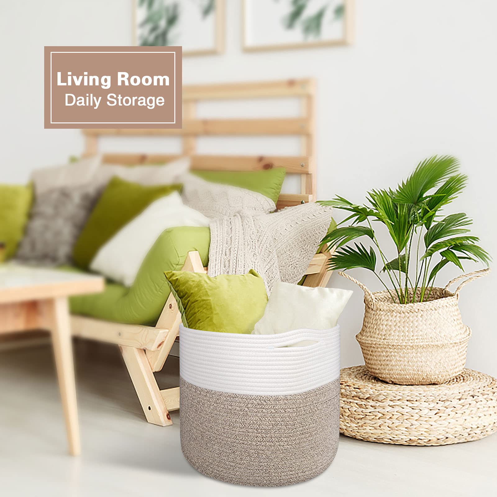 MicroIdeas Large Woven Basket 15.8x13.8in, Cotton Rope Baskets living room, Laundry Basket, Toy Bin, Decorative Round Baskets Storage Organization for Blanket Throw Decor - White Brown