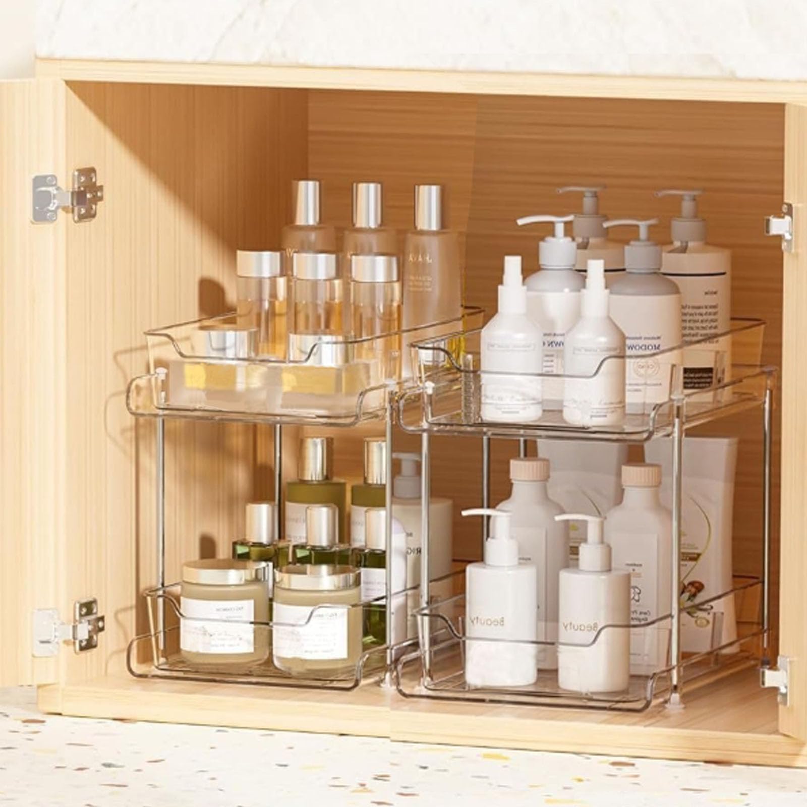 2 Tier Bathroom Storage Organizer, Medicine Cabinet Drawers Bins,Clear Under Sink Organizer Vanity Countertop Storage Pantry Organizers for beverages, medicine,Vanity Makeup, perfume, and more