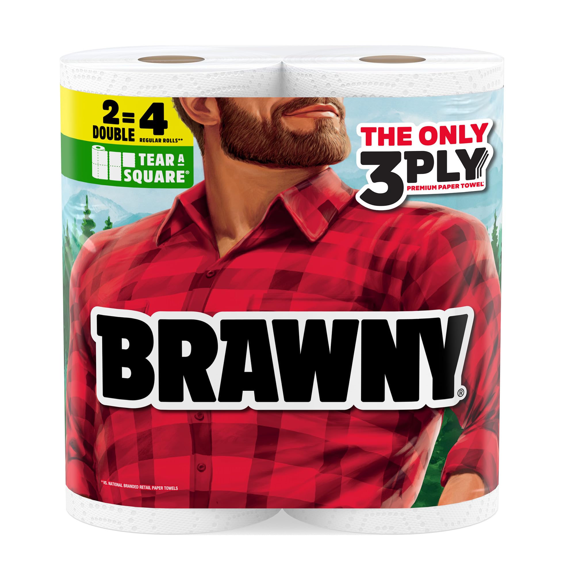 Brawny Tear-A-Square 3-Ply Paper Towels, 2 Double Rolls = 4 Regular Rolls, Strong, Absorbent, and Durable with 3 Sheet Sizes (Quarter, Half, Full)
