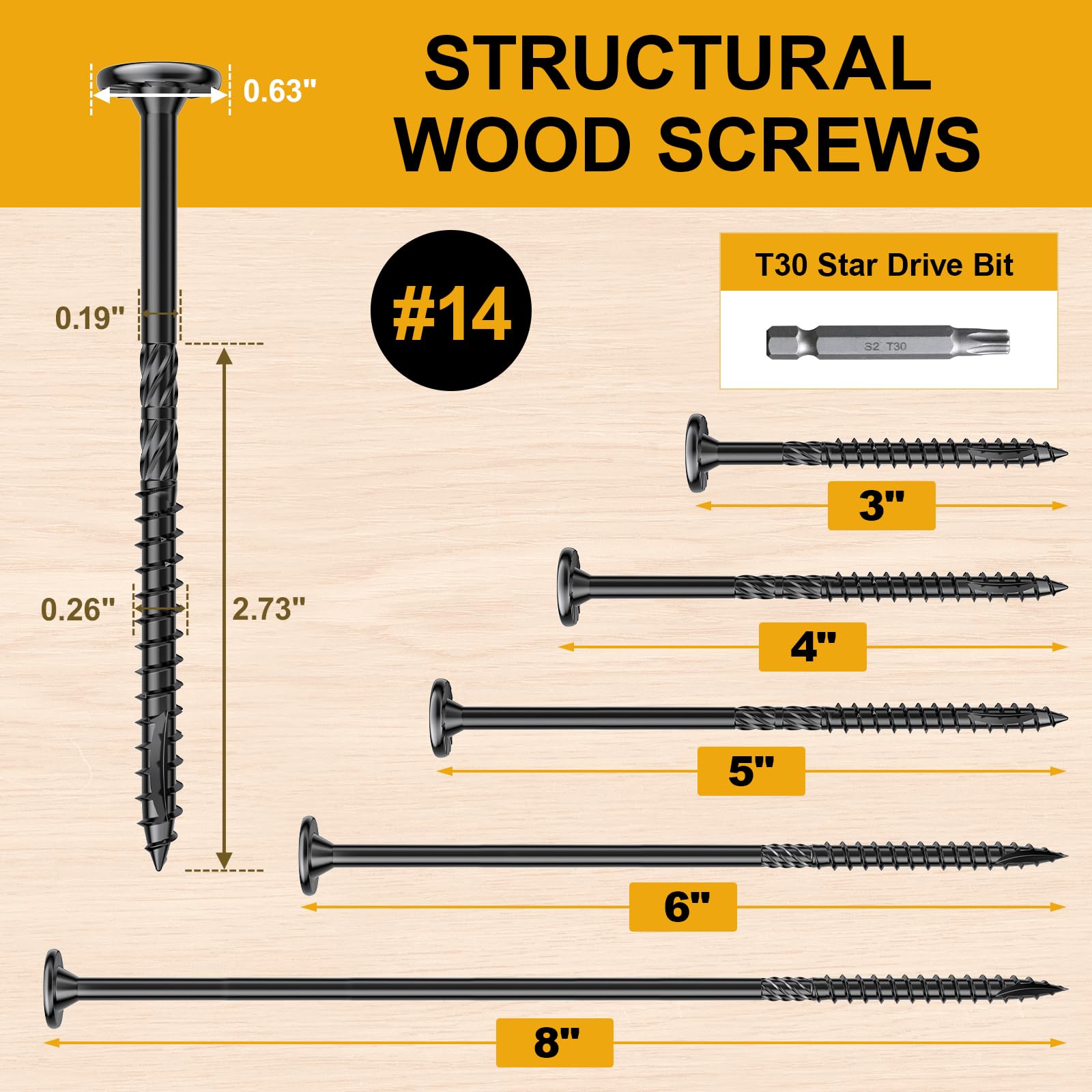 #14 x 3 Wood Structural Lag Screws 54Pcs Star Drive Decking Wood Screws, Rust Resistant Timber Screws for Timber/Log/Landscaping Wood