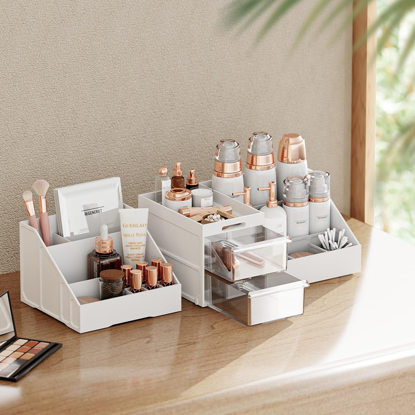 Makeup Organizer, Large Capacity Organizers, Make Up Organizers and Storage with Drawers, Makeup Organizer for Vanity for Makeup Brush, Nail Polish and Beauty Supplies White & Clear