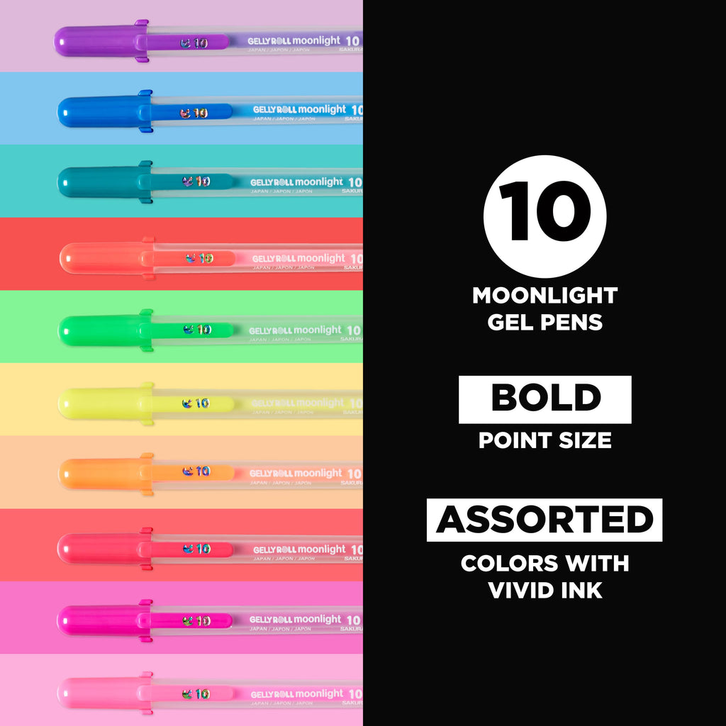 SAKURA Gelly Roll Moonlight 10 Gel Pens - Bold Point Ink Pen for Journaling, Art, Calligraphy, or Drawing - Assorted Bright Ink - Bold Line - 10 Pack