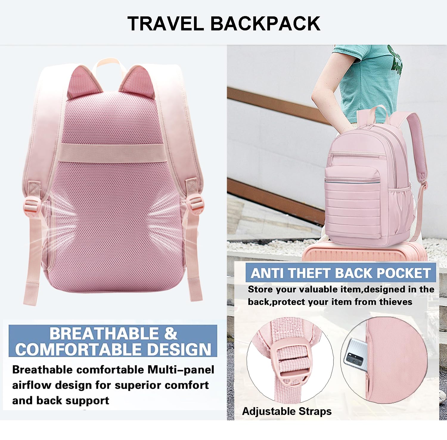 KEOFID Anti-Thief Travel Backpack for Men and Women, Backpack Purse for Women, Fashion Backpack, Casual Backpack for College(Light Pink)