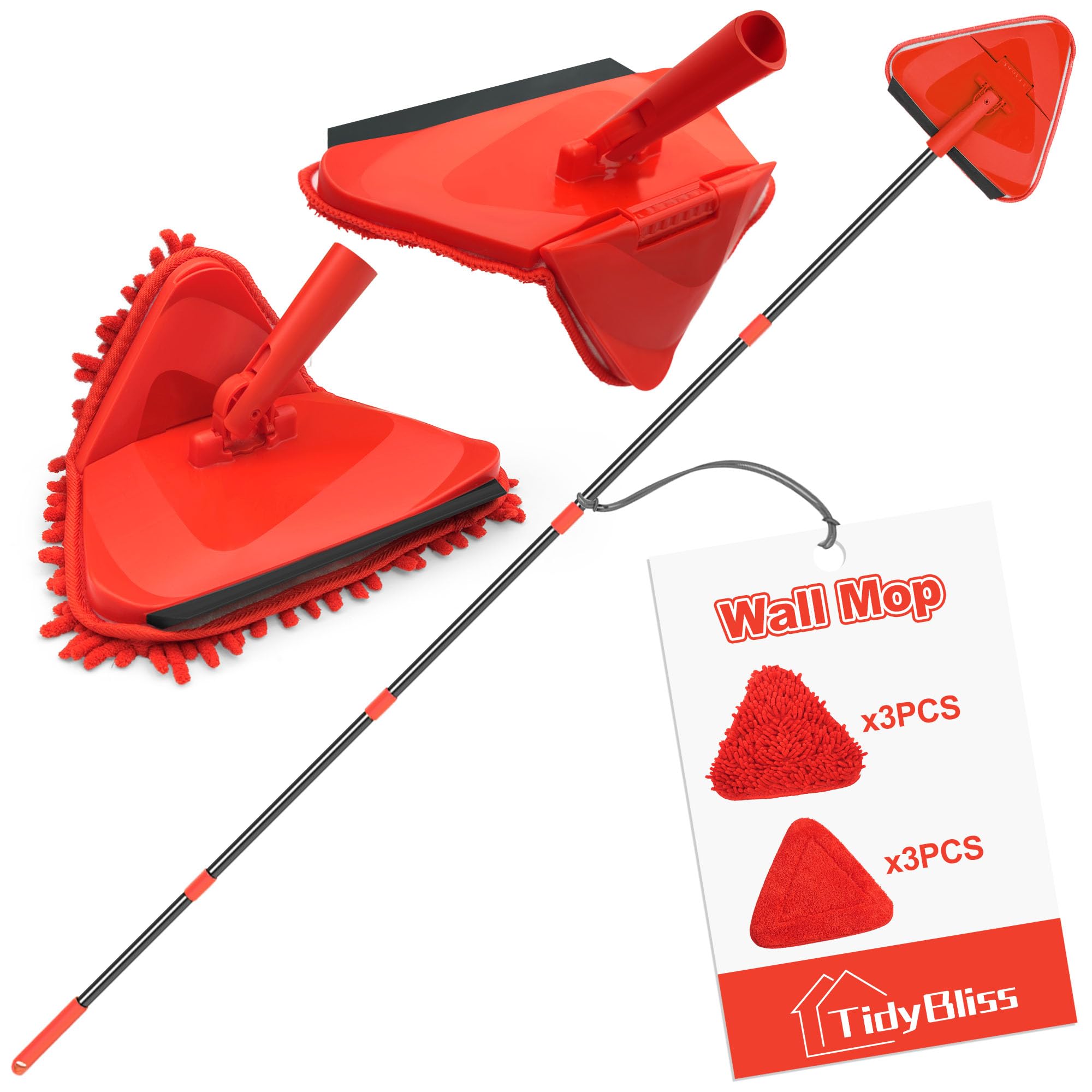 TidyBliss Wall Cleaning Mop with Long Handle 80”, Ceiling Duster Scrubber with 360° Swivel Collapsible Head, Baseboard Cleaner Tool with 3 Chenille and 3 Microfiber Pads for Windows Floor (Red)