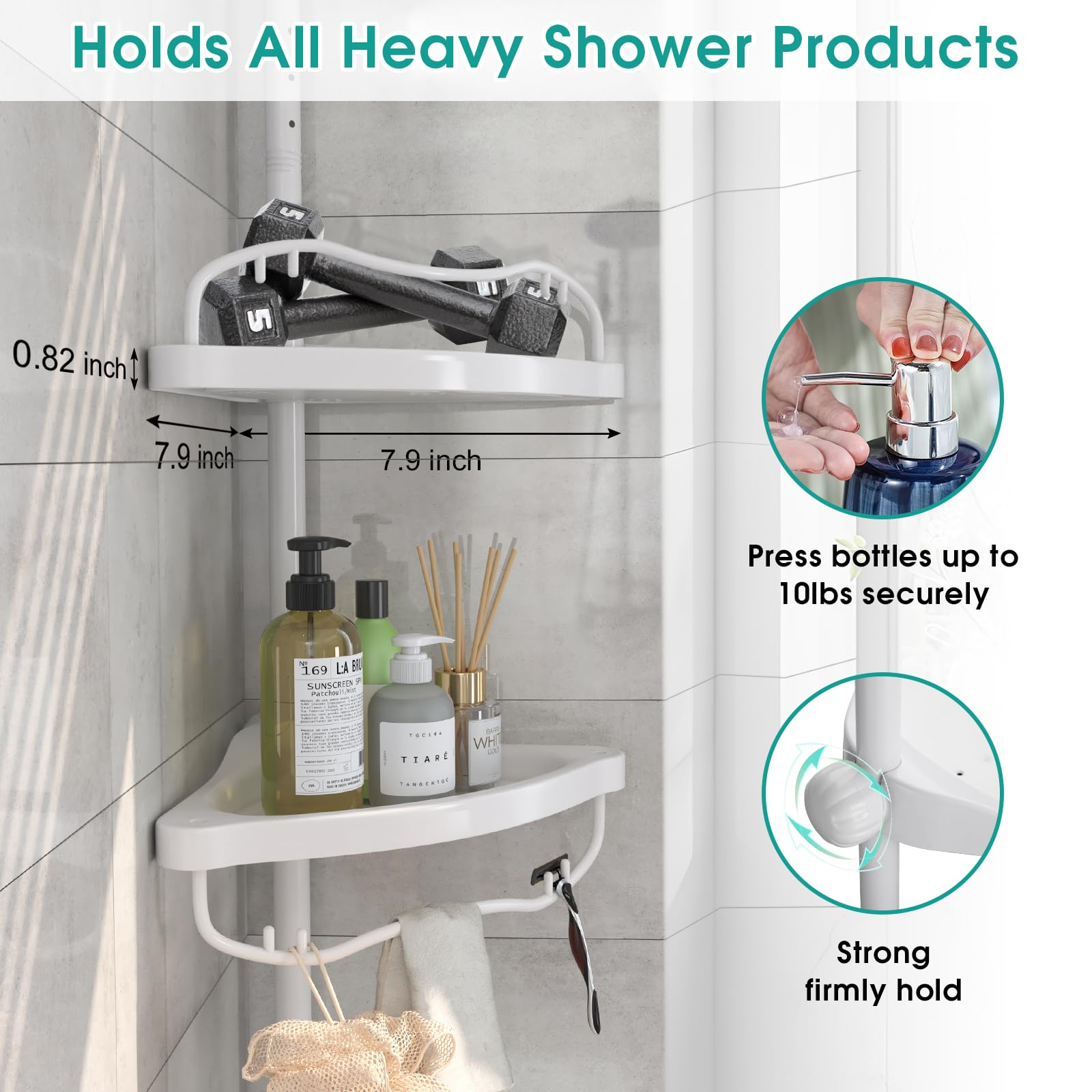 Shower Caddy Corner, 56 to 125 Inch Adjustable Tension Pole Corner Shower Caddy with ABS Baskets,Rustproof Stainless Pole, Drill Free Shower Rack, Large Shower Storage Shelf Rack for Inside Shower