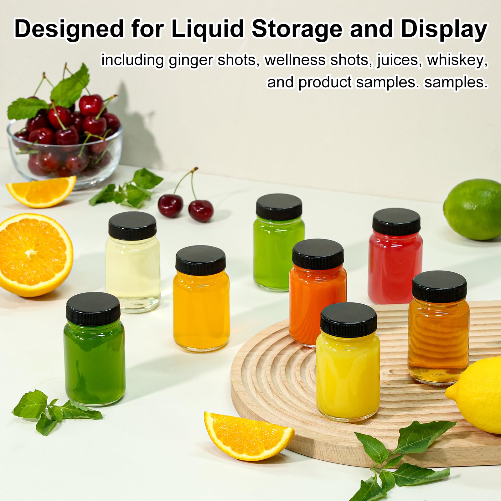 KEYWING 28 Pack 2oz Glass Bottles with Lids - Small Clear Jars for Ginger, Wellness Shots, Juice, Whiskey - Travel Mini Reusable Wide Mouth Bottles- Leakproof, Dishwasher Safe