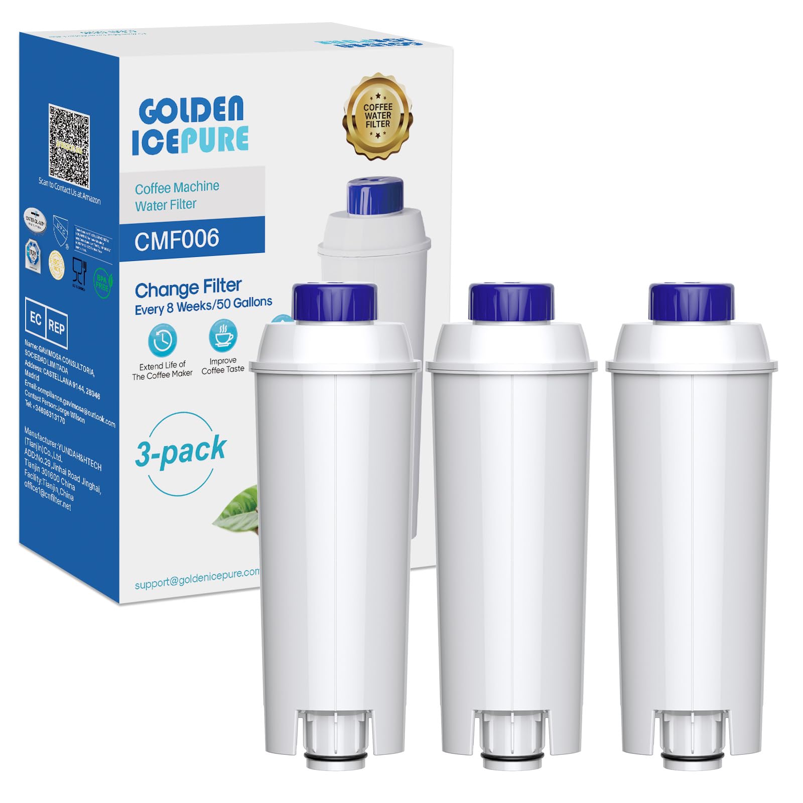 GOLDEN ICEPURE Coffee Machines Water Filter Compatible with De'Longhi DLSC002, SER3017 & 5513292811,De Longhi,ECAM, Esam, ETAM, BCO, EC-Series, 3 Pack