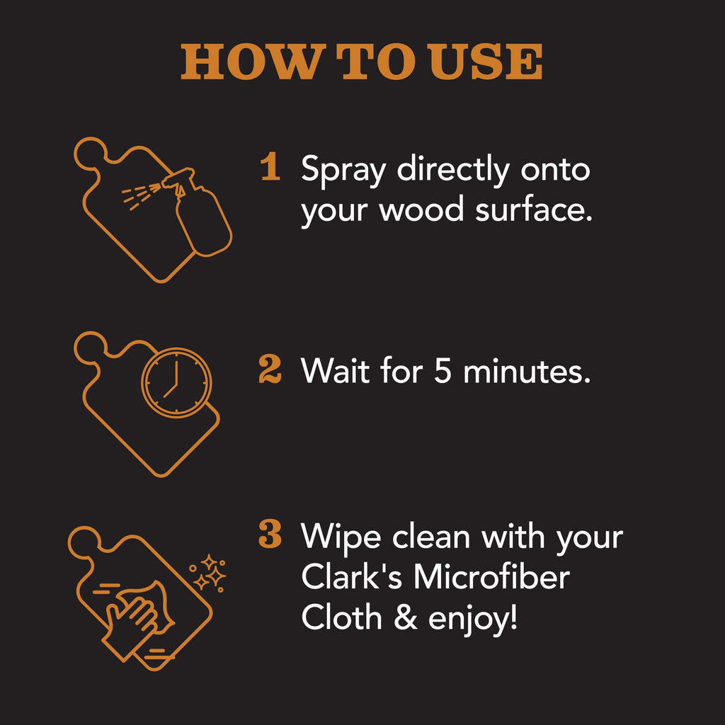 CLARK’S Natural Cutting Board Spray Cleaner with Microfiber Cloth for Wood Countertop – Pure Ingredients Filtered Water, Distilled Vinegar, Castile Soap, Lemon & Orange Citrus Oil Extracts, 12oz