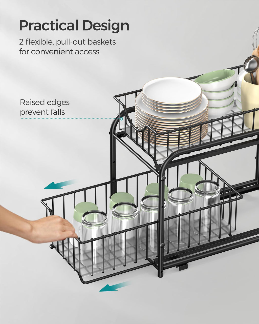 SONGMICS Pull Out Cabinet Organizer, 2-Tier Stackable Bathroom Organizer and Storage, 2 Sliding Basket Drawers, Cabinet Organizer for Kitchen, Bathroom, Ink Black UKCS017B01