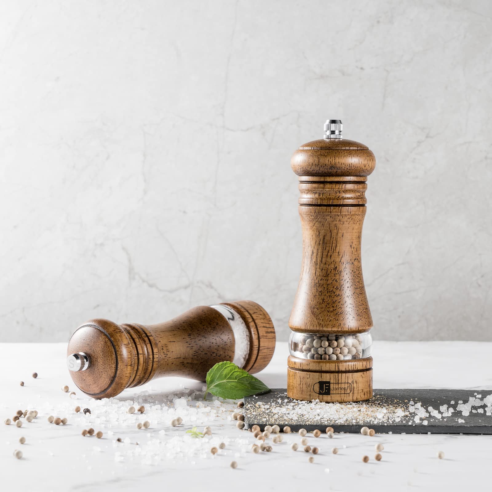 JF JAMES.F Wooden Salt and Pepper Grinder Set, 6.5 inch Rubber Wood Salt and Pepper Mills Set of 2 with Acrylic Visible Window & Adjustable Ceramic Rotor
