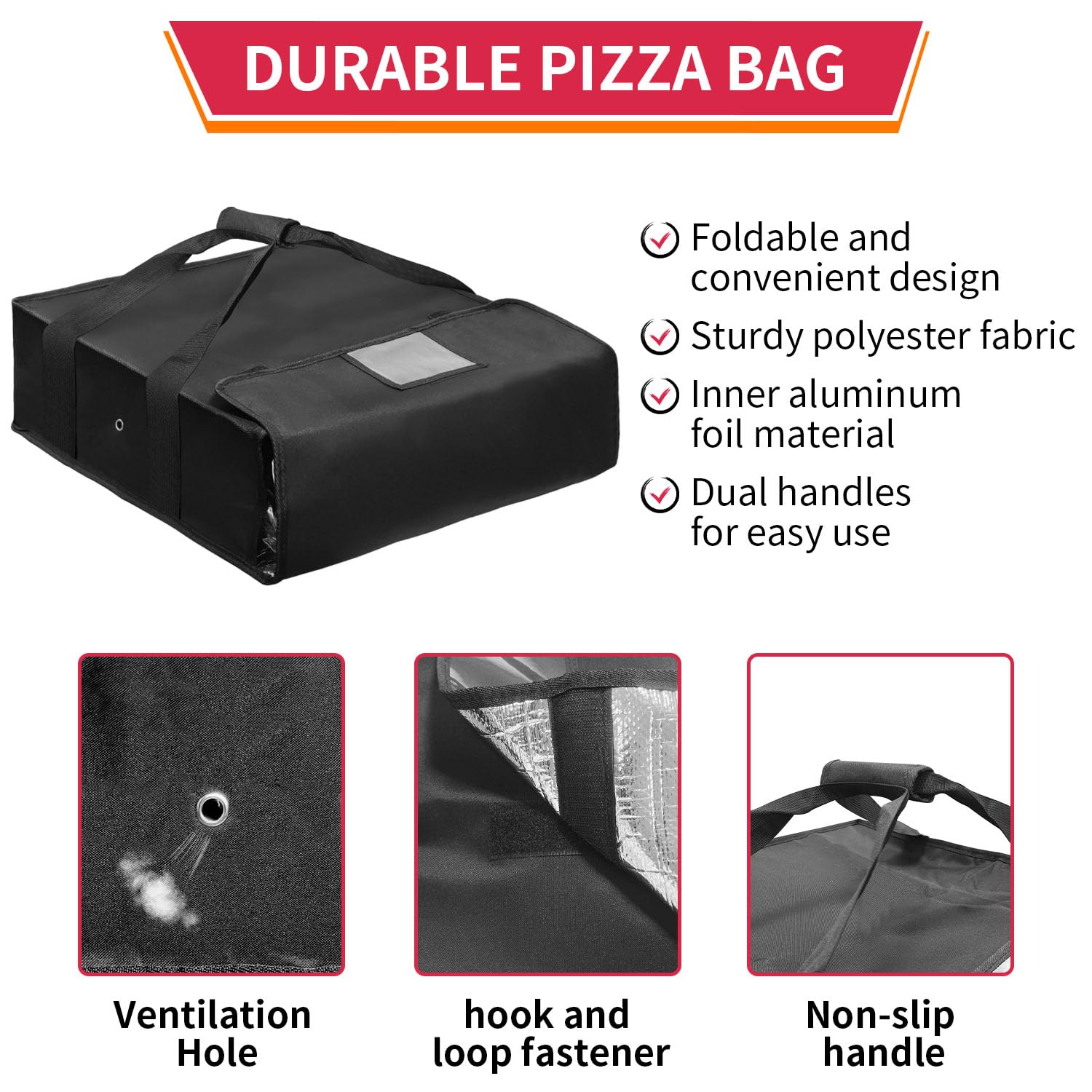 BOHEMIABY Pizza Bag for Large Pizza Warmer Bag, 20 X 20 in Food Carrier Insulated Bag, Reusable Pizza Bags with Label Window, Water Proof with Double Handle Black