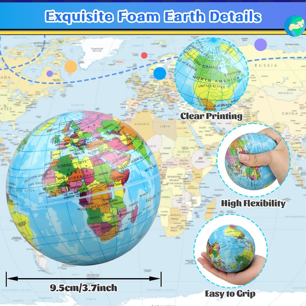 Mini Earth Soft Squishy Ball, 3PCS Foam Globe Stress Balls for Kids Toddler, Educational Geography Crafts Toys, Squeeze Sensory Learning World Map Planet Toy for Solar Systerm (3.7")
