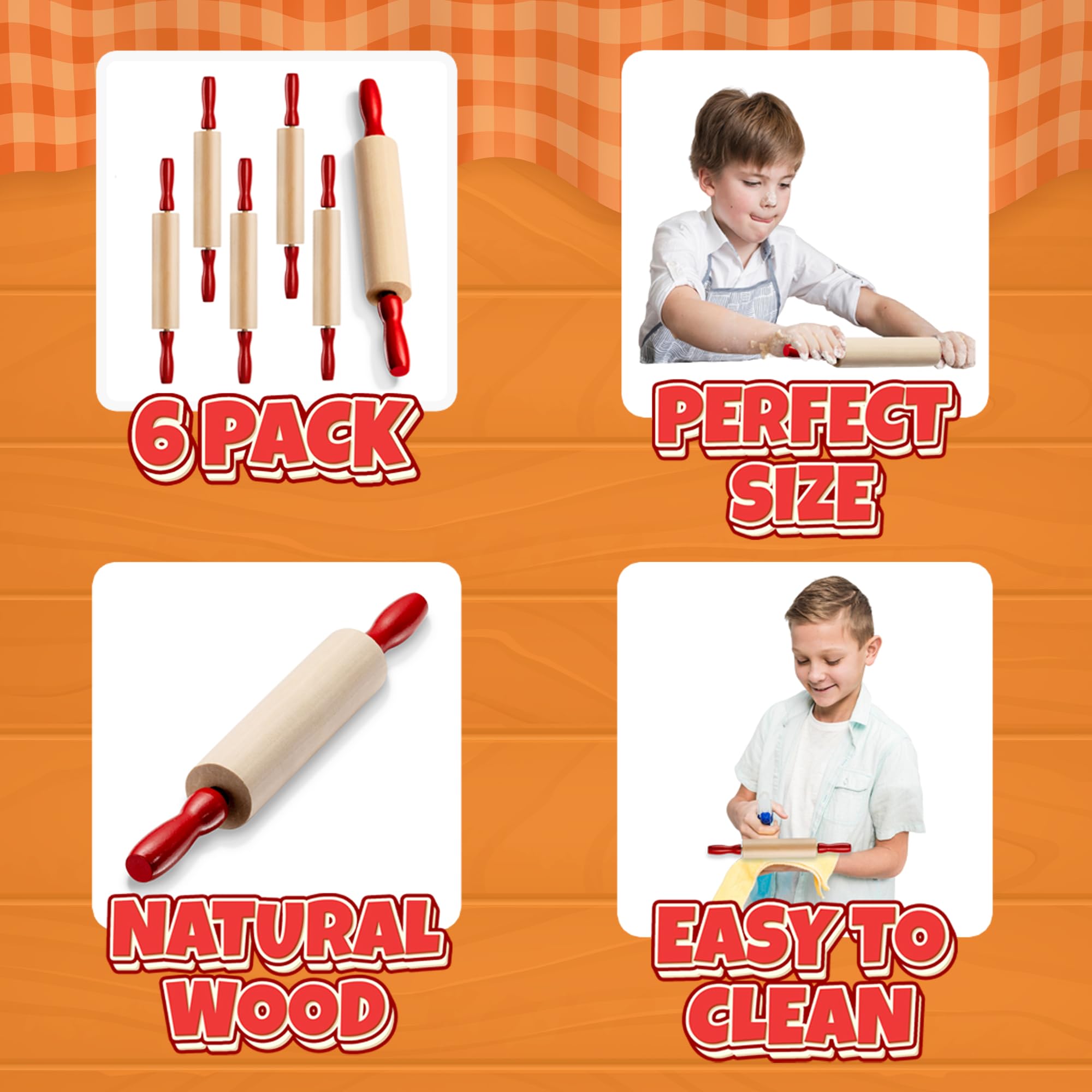 Mini Rolling Pin 7.5 Inch (6 Pack) Kids Rolling Pin Set for Play Dough Accessories Small Pin for Dough - Wooden Rolling Pins for Baking with Handles for Foods, Baking Supplies, and Playtime