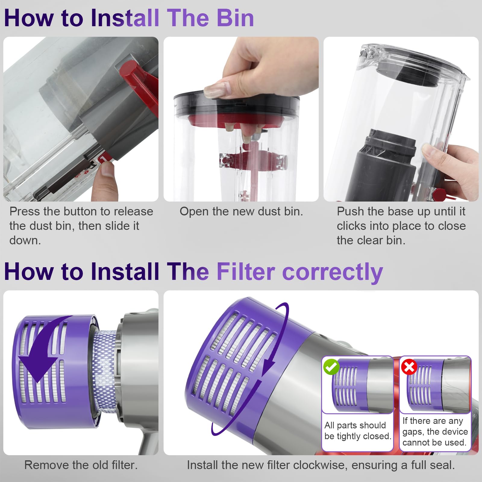 PUREGUST V10 Bin Replacement and Filter for Dyson V10(SV12) Animal and Absolute Models, Bin Part No.969509-01 and Filter Part No. 969082-01 for Absolute/Animal/Extar/Total Clean