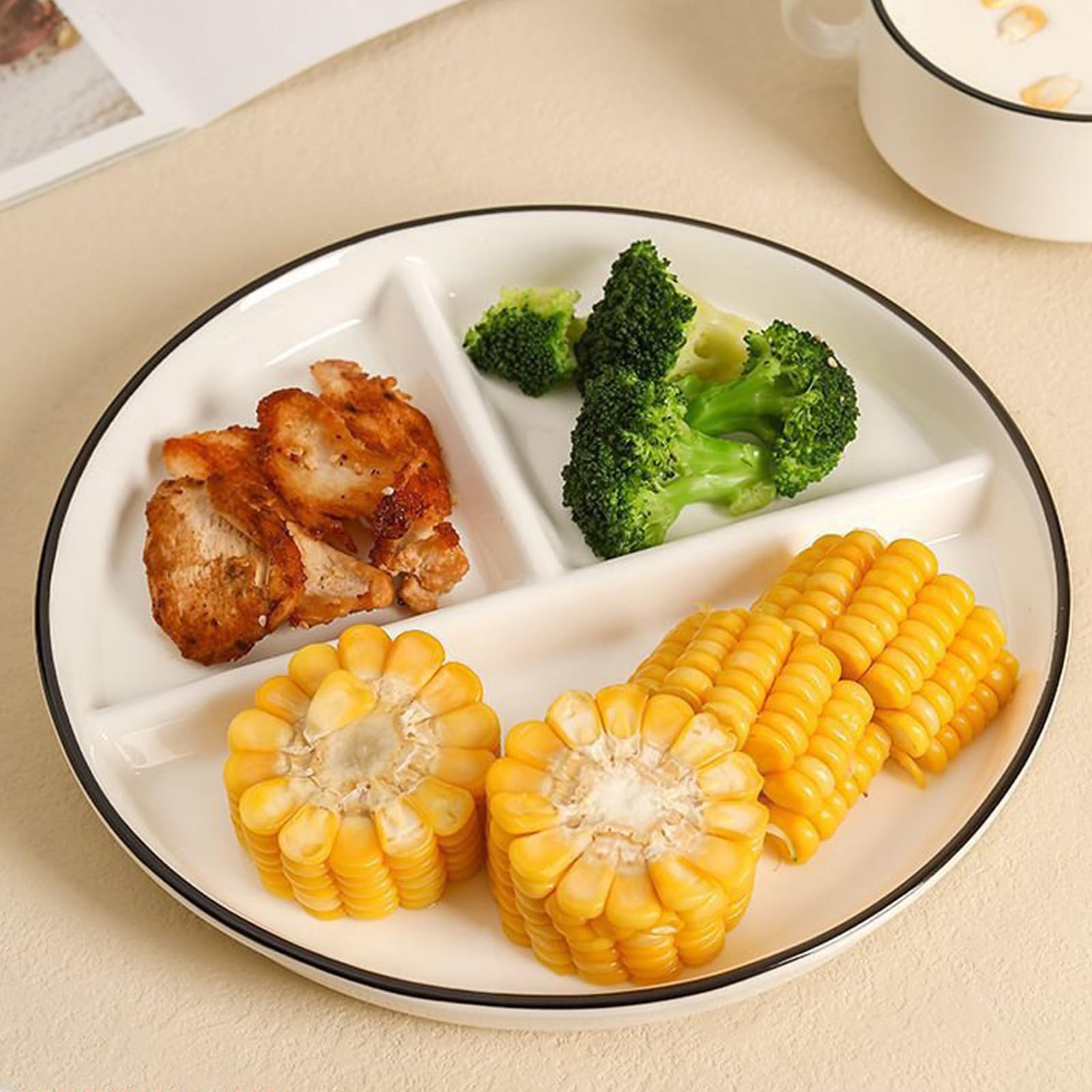 Divided Plates for Adults (2 Packs),Ceramic Portion Control Plate Sectioned with Dividers,Round 9 Inch 3 Compartment Food Separator Dinner Plates BPA Free Reusable Dishwasher Microwave Safe