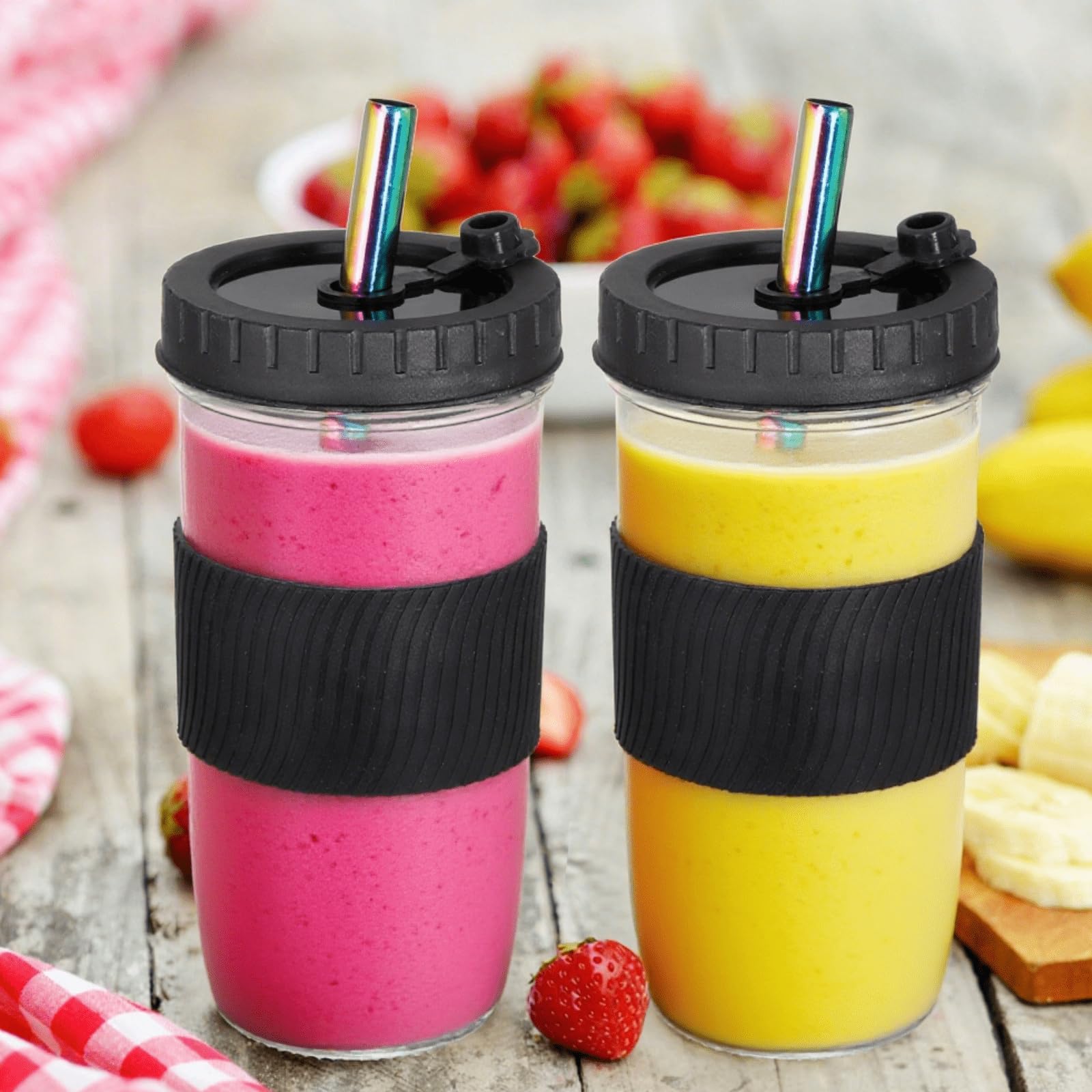 YOUEON 4 Pack 24 Oz Reusable Boba Cups with Lids and Straw, Iced Coffee Cups Glass Smoothie Cups, Mason Jar Cups with Sleeve, BPA Free, Dishwasher Safe, 2 Colors
