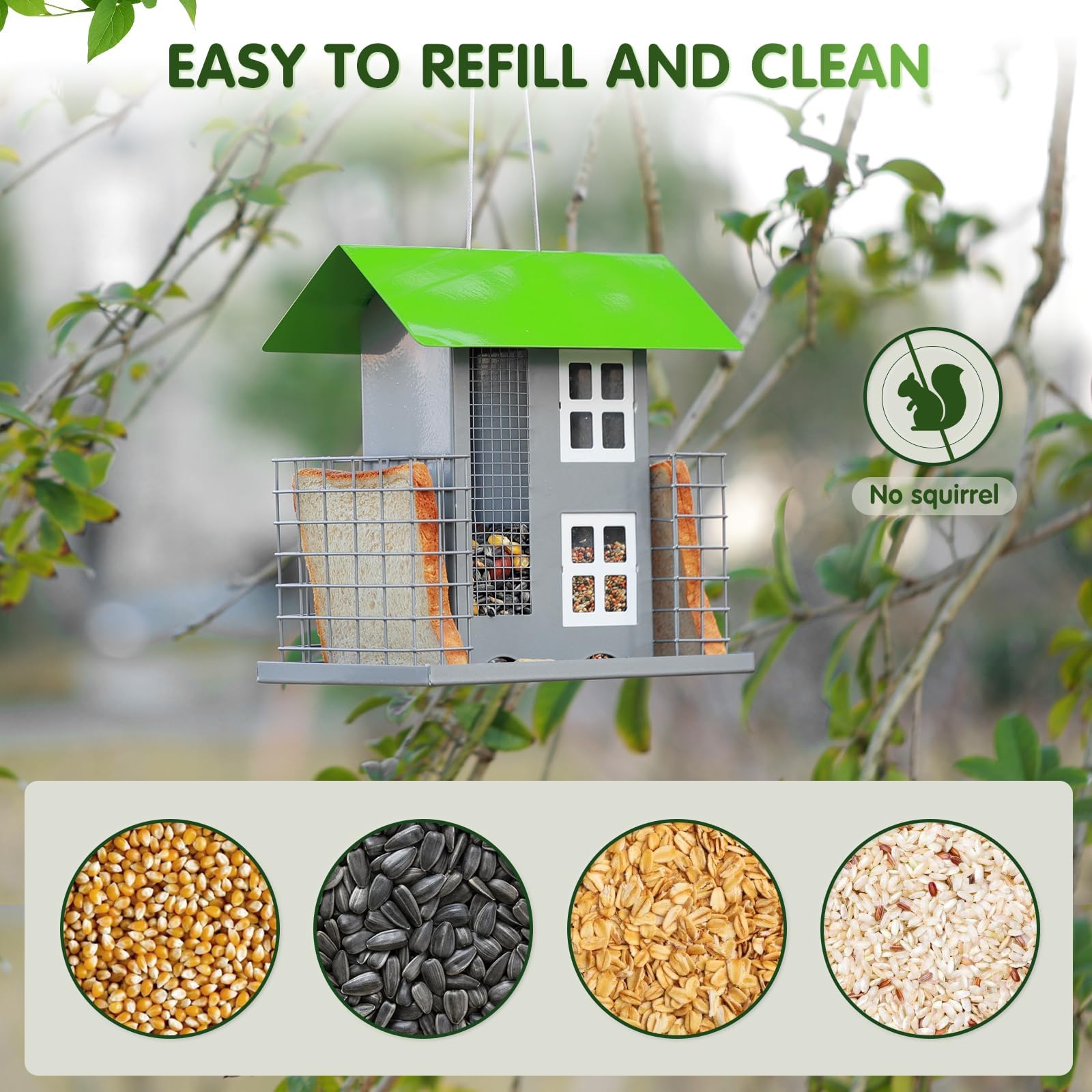 Bird Feeders for Outdoors Metal with 2 Suet Cage Cake Squirrel Proof Hanging Bird Feeder Large Capacity Wild Bird Feeder Easy Clean&Anti-Rust (Green)