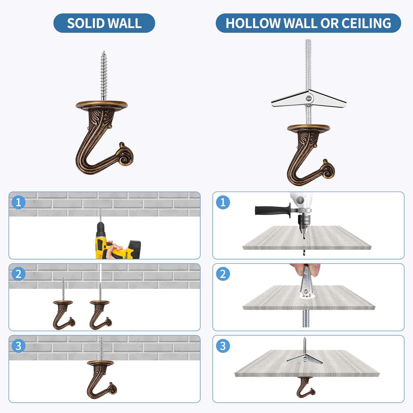 SEISSO 10 Sets Ceiling Hooks - Heavy Duty Metal Swag Hook with Hardware and Toggle Wings for Hanging Plants Ceiling Installation Cavity Wall Fixing Brass