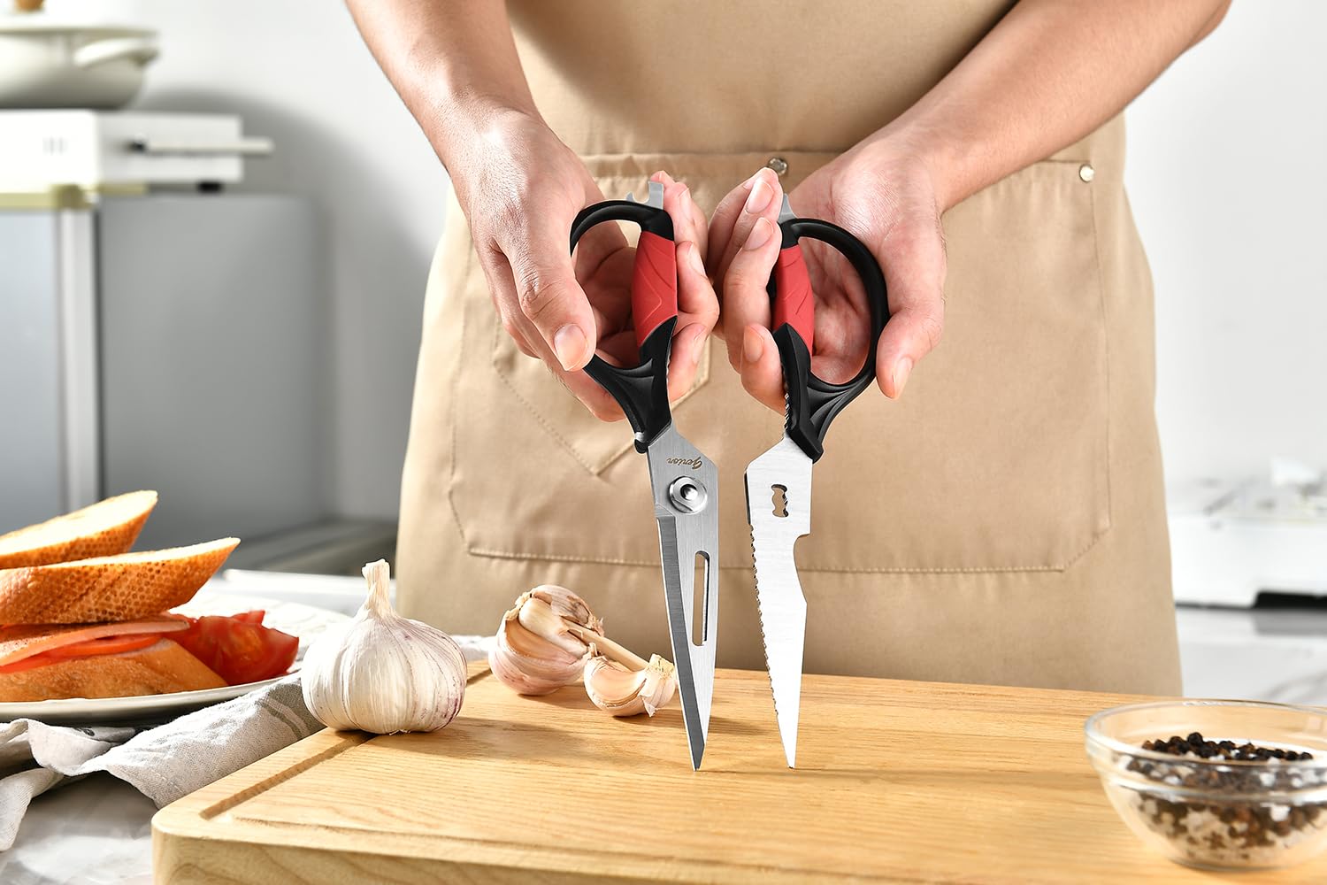 Kitchen Scissors - Heavy Duty Utility Come Apart Shears for Poultry, Chicken, Meat, Food, Vegetables - 9.25 Inch Long - Black and Red Handle