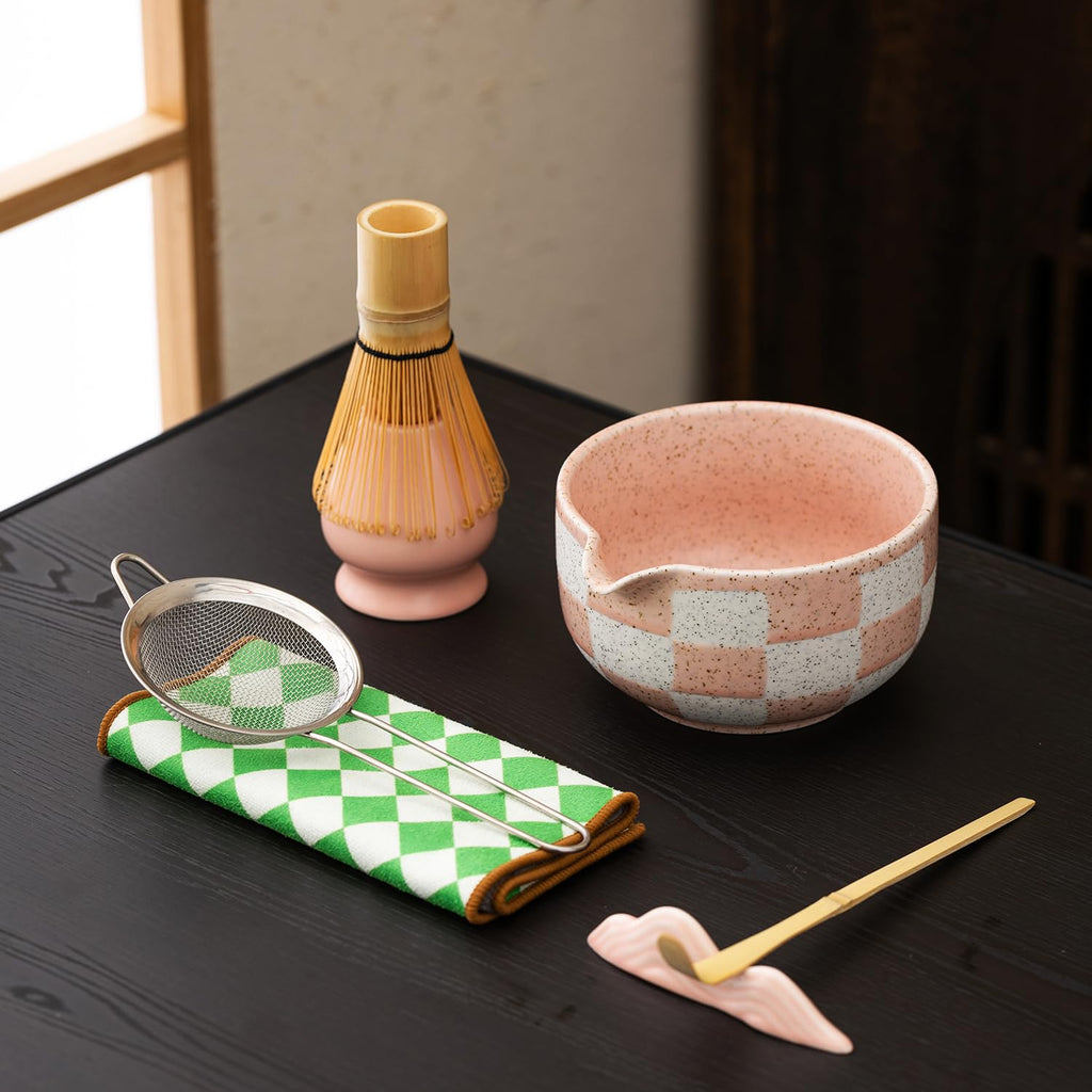 7pcs Traditional Matcha Tea Ceremony Set, Purple Ceramic Bowl with Bamboo Whisk, Holder and Strainer (Pink grid)