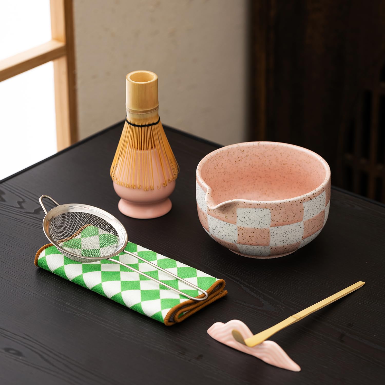 7pcs Traditional Matcha Tea Ceremony Set, Purple Ceramic Bowl with Bamboo Whisk, Holder and Strainer (Pink grid)