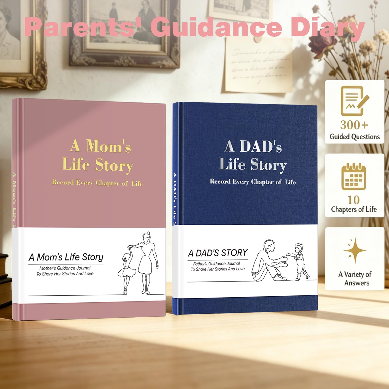Mom's & Dad's Life Story Journals,Leather Hardcover Journals,300+ Guided Questions,Family Keepsake Book,Share Memories,Gift for Parents on Mother’s Day, Father’s Day, Christmas & Birthdays(Pink+Blue)