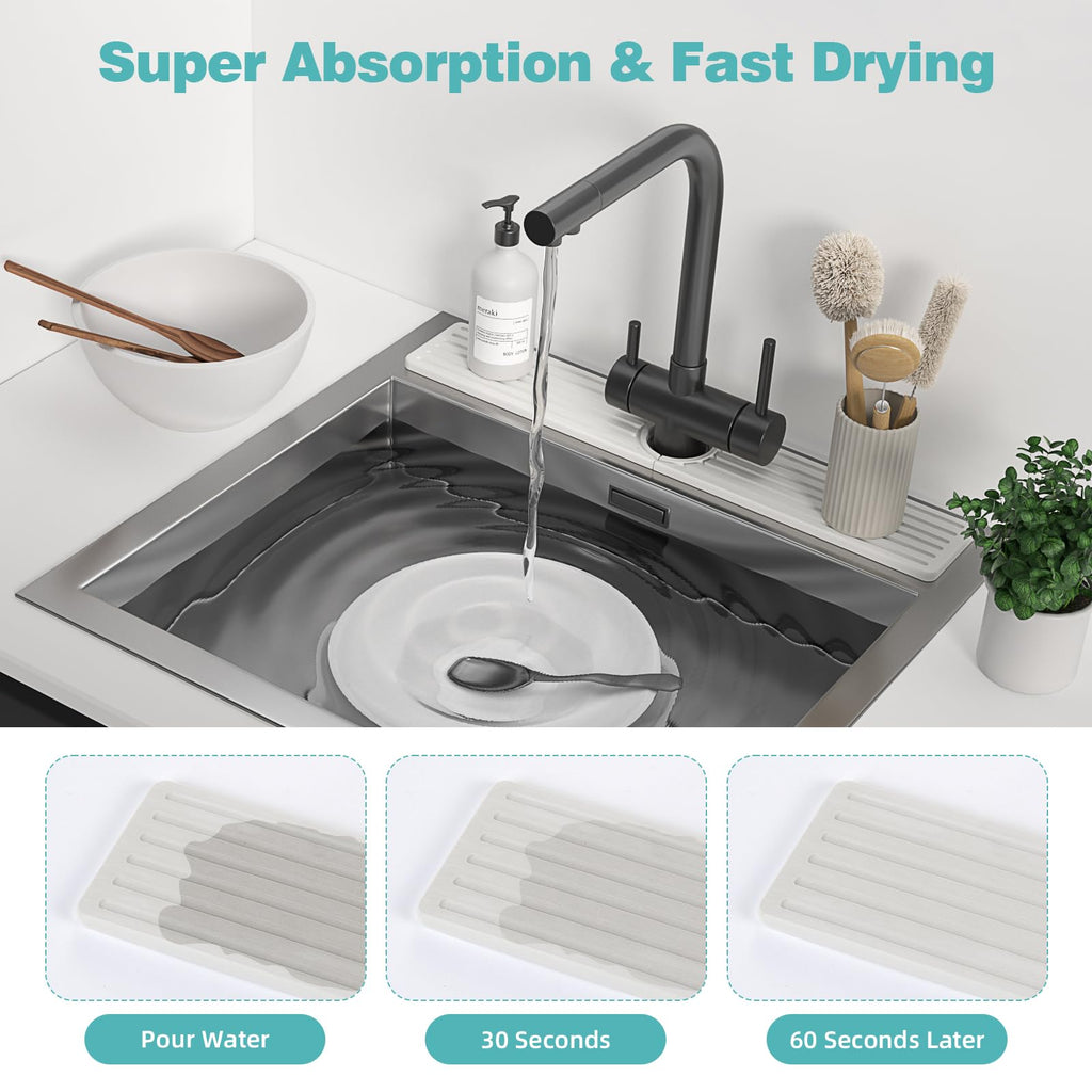 Diatomite Faucet Mat for Kitchen Sink with Raised Pads & Cleaning Brush, Super Absorbent Fast Drying Stone Sink Tray, Splash Guard Protector Mat for Bathroom Counter (White, 23.6" x 3.9")