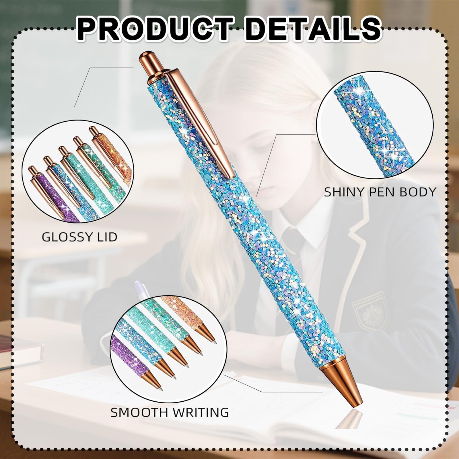 BERNOI 10 Pack Glitter Bling Ballpoint Pens Set Sparkly Metal Pens Retractable Sequins Fancy Pens for Women Supplies Black Ink Medium Point 1.0 mm for Birthday Wedding Office School Home Multicolor