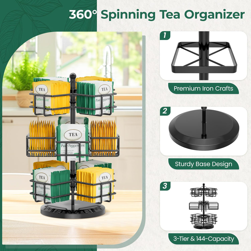 EsLuker.ly Tea Bag Holder Organizer for Counter 3 Tier Metal Teabag Storage Rack, Spinning Carousel Packet Display Stand, Tea Organizer Station with Easy Access for Kitchen Office, Black