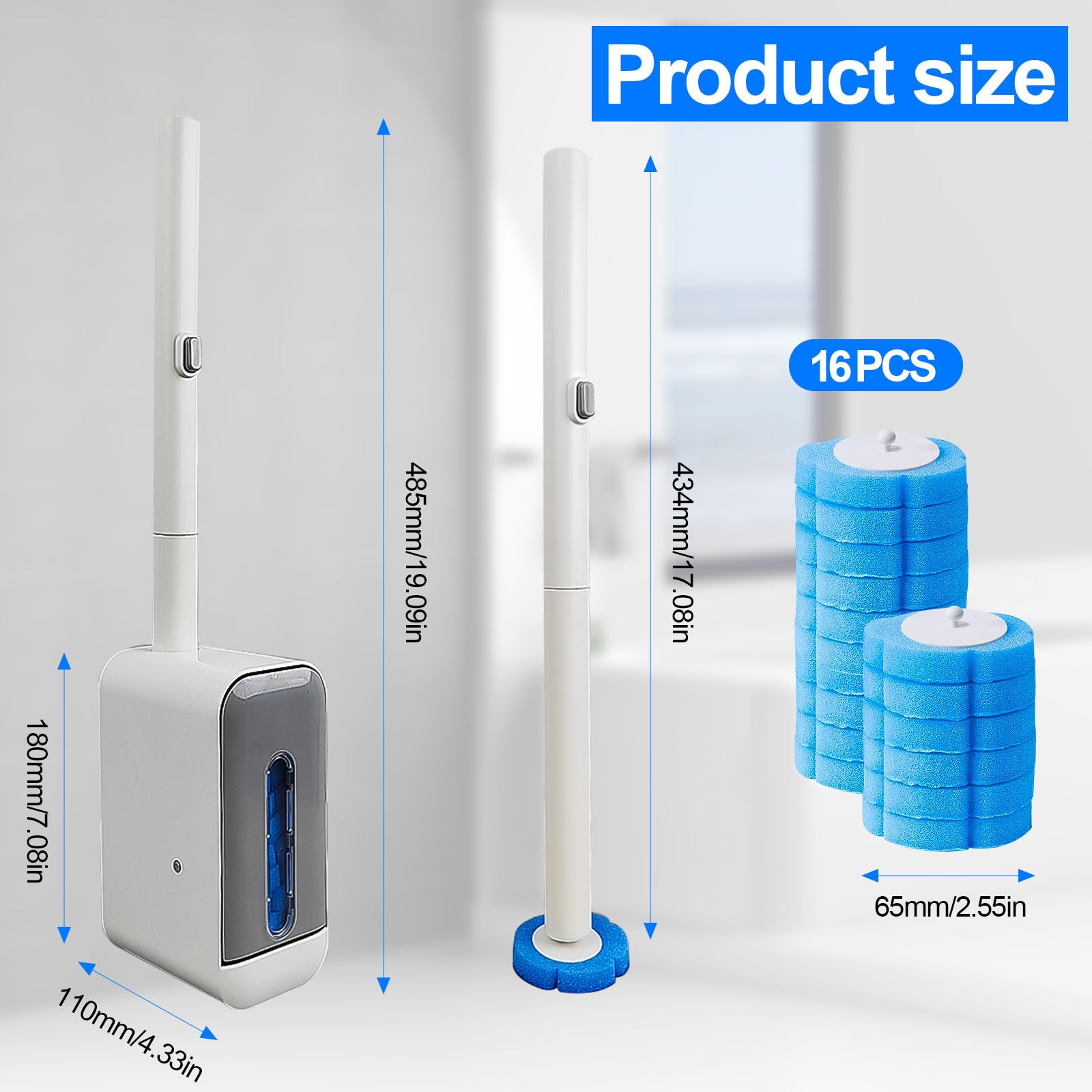 Disposable Toilet Brush & Toilet Bowl Cleaner Kit - 3-in-1 Wall Mount System with 16 Replacement Heads, Thickened Design for Hygienic Cleaning