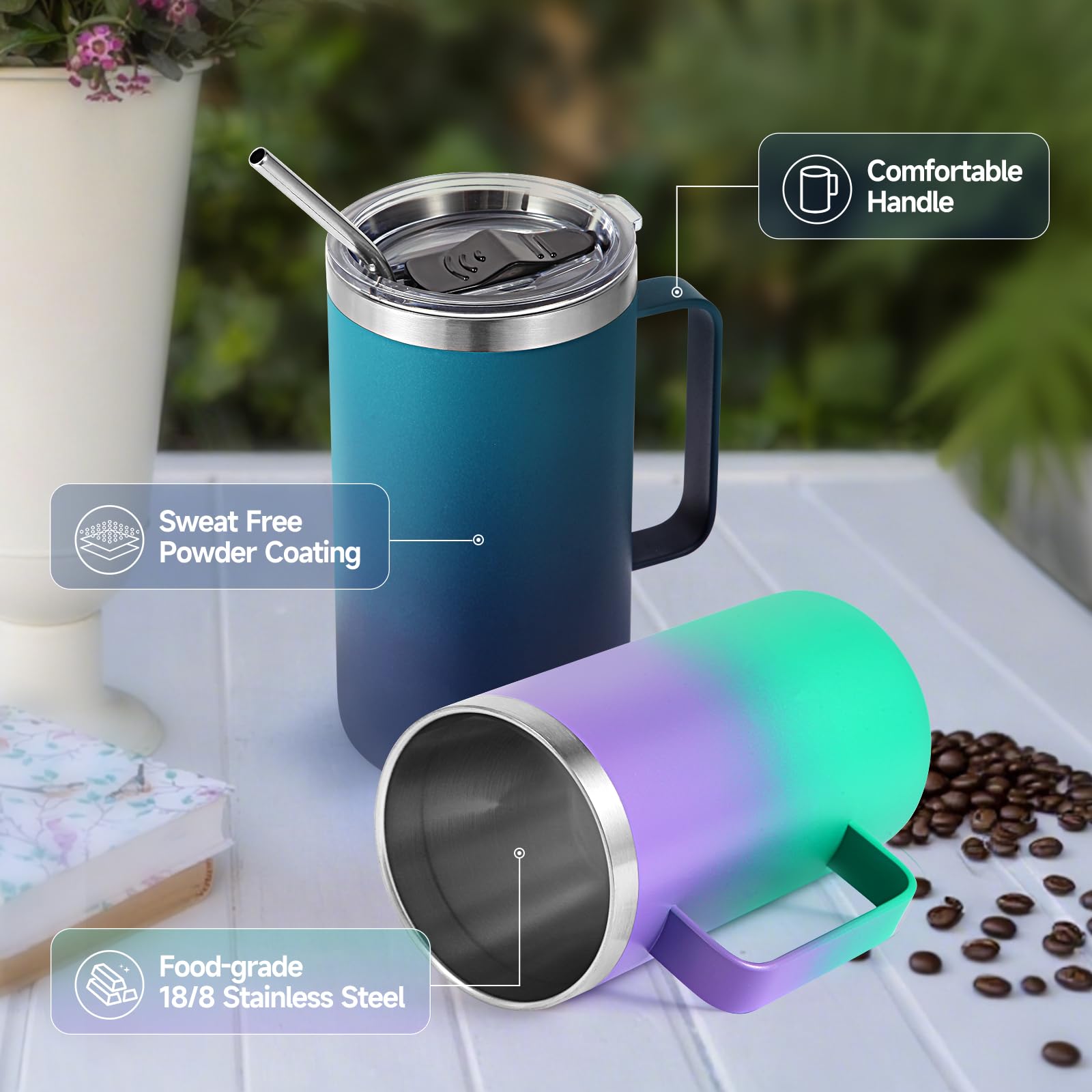 Volhoply 24 oz Insulated Coffee Mug with Lid and Straw, Stainless Steel Travel Mugs with Handle, Double Wall Vacuum Coffee Tumbler for Hot and Cold Drinks (Mixed,2 Pack)
