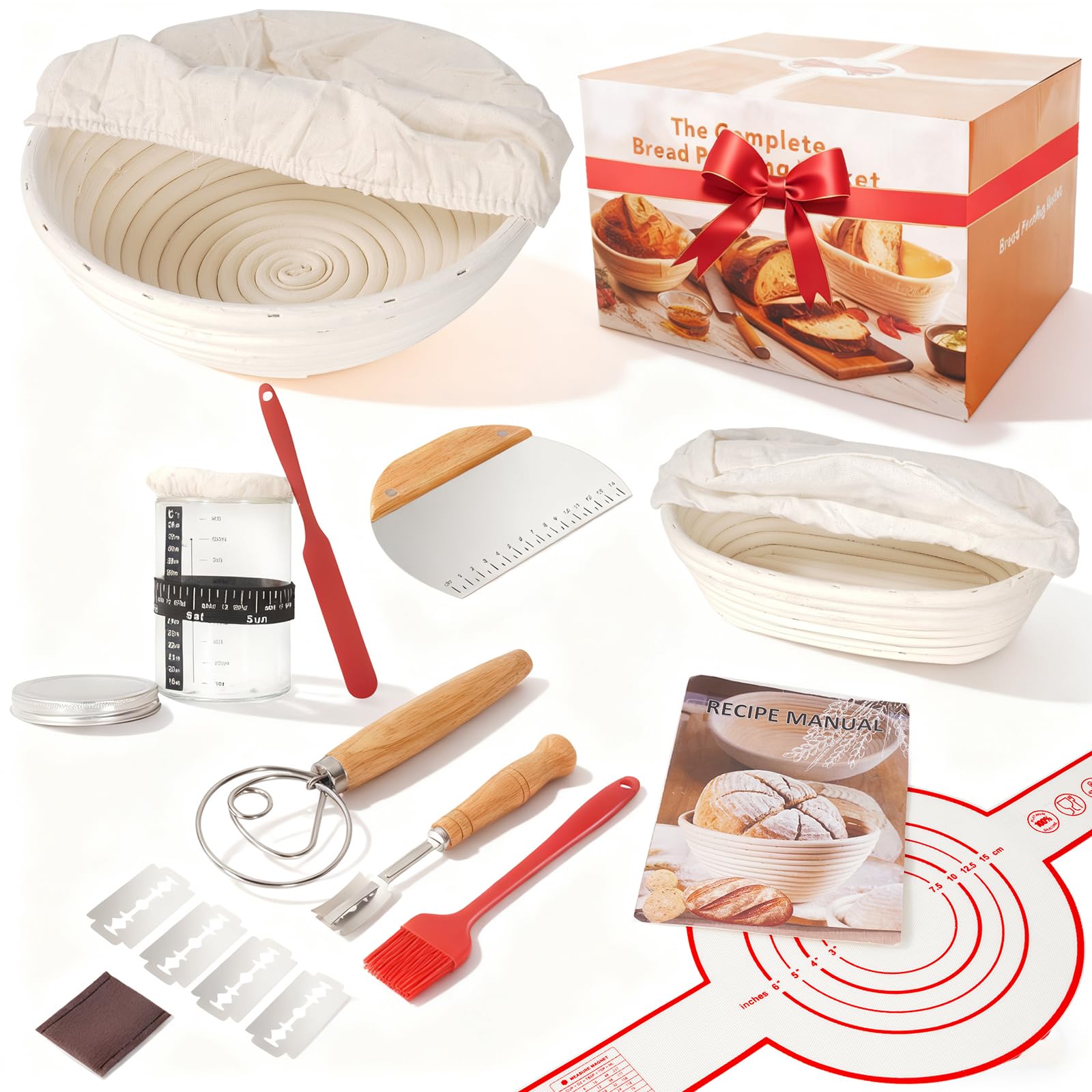 Complete Sourdough Starter Kit, Sourdough Bread Baking Supplies, Banneton Bread Proofing Basket with Glass Sourdough Starter Jar