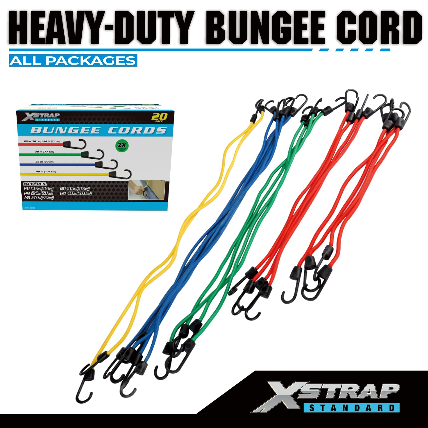 XSTRAP STANDARD 20 Pieces Premium Bungee Cords Assortment - Includes 20”, 24”, 30”, 35”, 40” Bungee Cords with Hooks