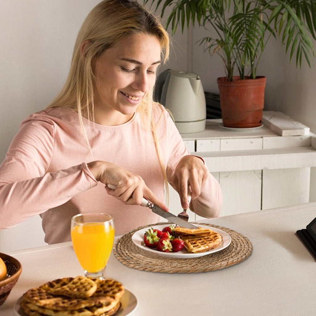 Round Woven Placemats Set of 6, 13.5 inch Boho Rattan Chargers for Dinner Plates, Rustic Wicker Place Mats, Hand-Woven from Natural Hyacinth, for Dining Table, Farmhouse, and Thanksgiving