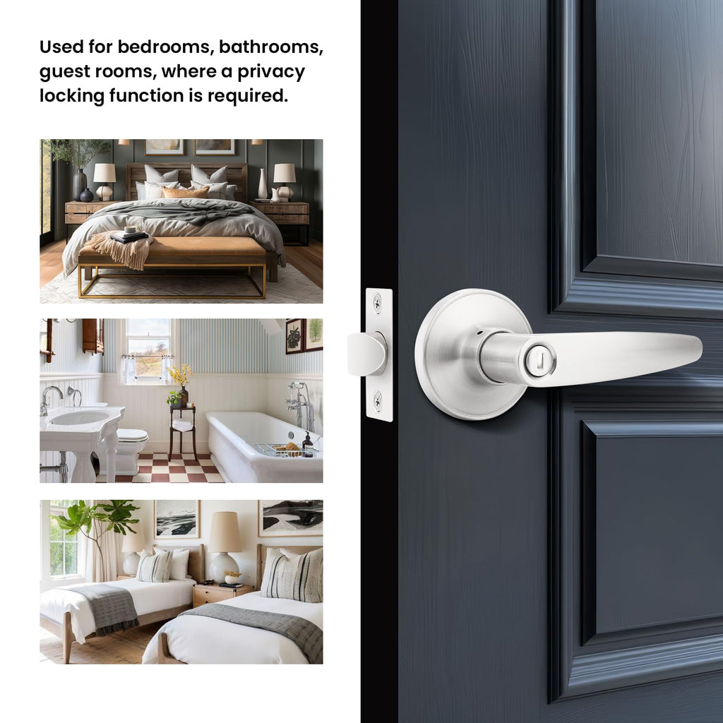 Probrico Door Handles Interior, Satin Nickel Door Lock for Bedroom, Levers Indoor Bed/Bath Handle With Lock, Privacy and Security, Left or Right Handed Doors