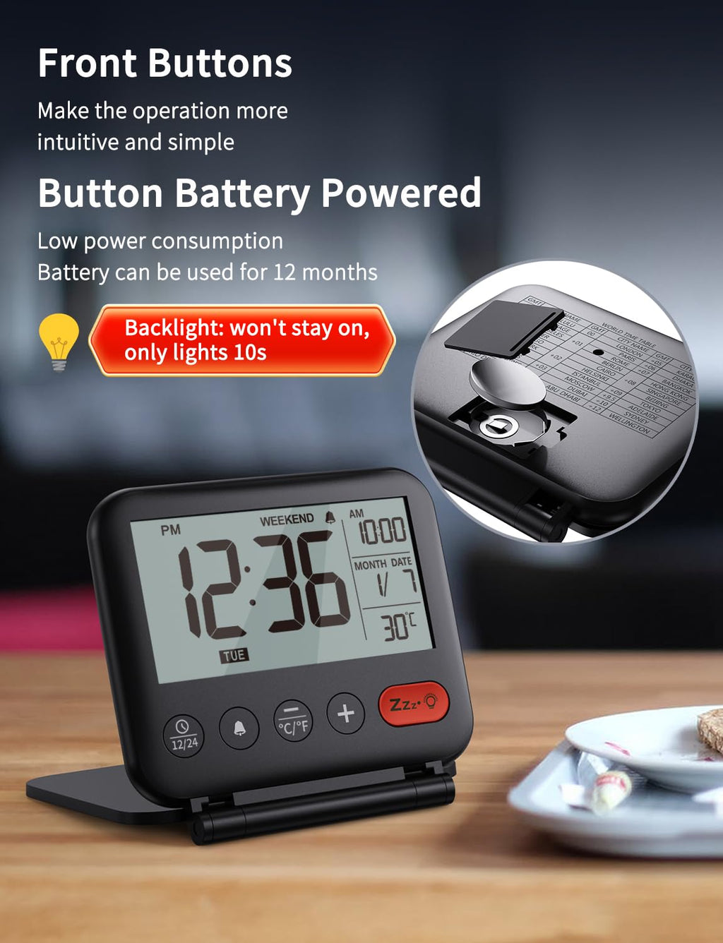 NOKLEAD Digital Travel Alarm Clock - 3.23 inch LCD Display, Temperature, 9-Minute Snooze, 10s Backlight, Battery Included (Black)