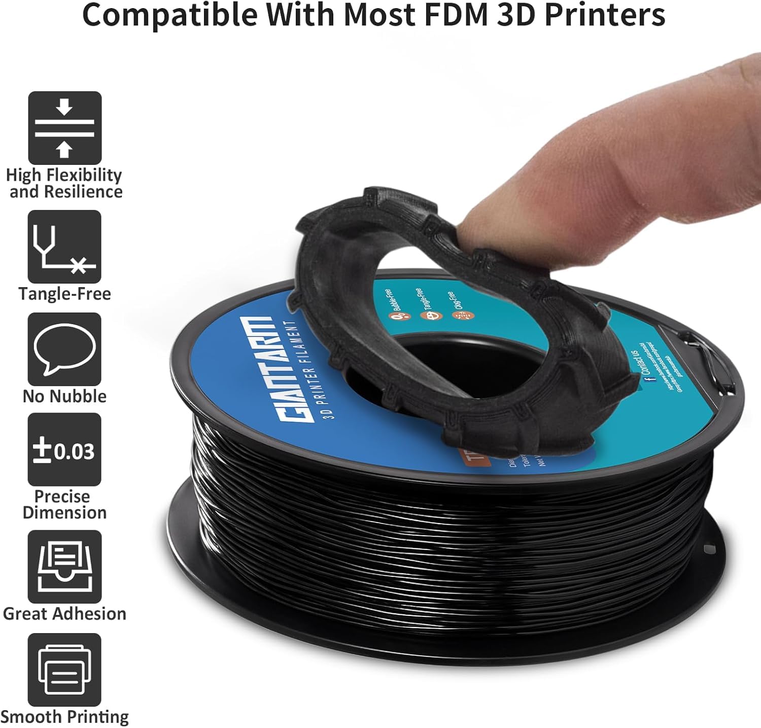 GIANTARM TPU 3D Printer Filament Black, Soft Flexible Filament 95A, Dimensional Accuracy +/-0.05mm, 1KG (2.2LBS), 1.75mm Fit for All 3D Printers, Vacuum Packaging